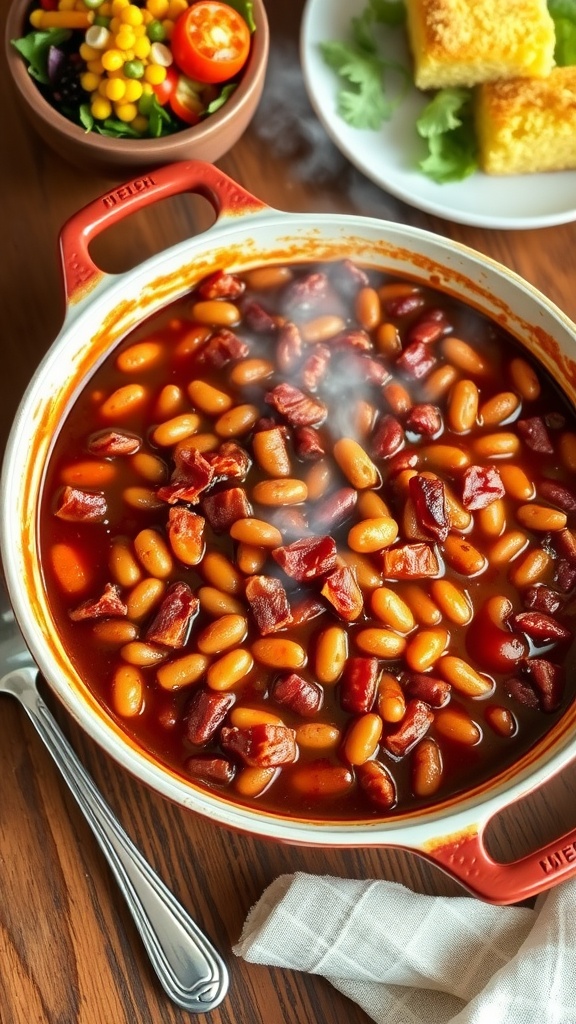 A bowl of savory baked beans with bacon and brown sugar, served with cornbread on a wooden table.